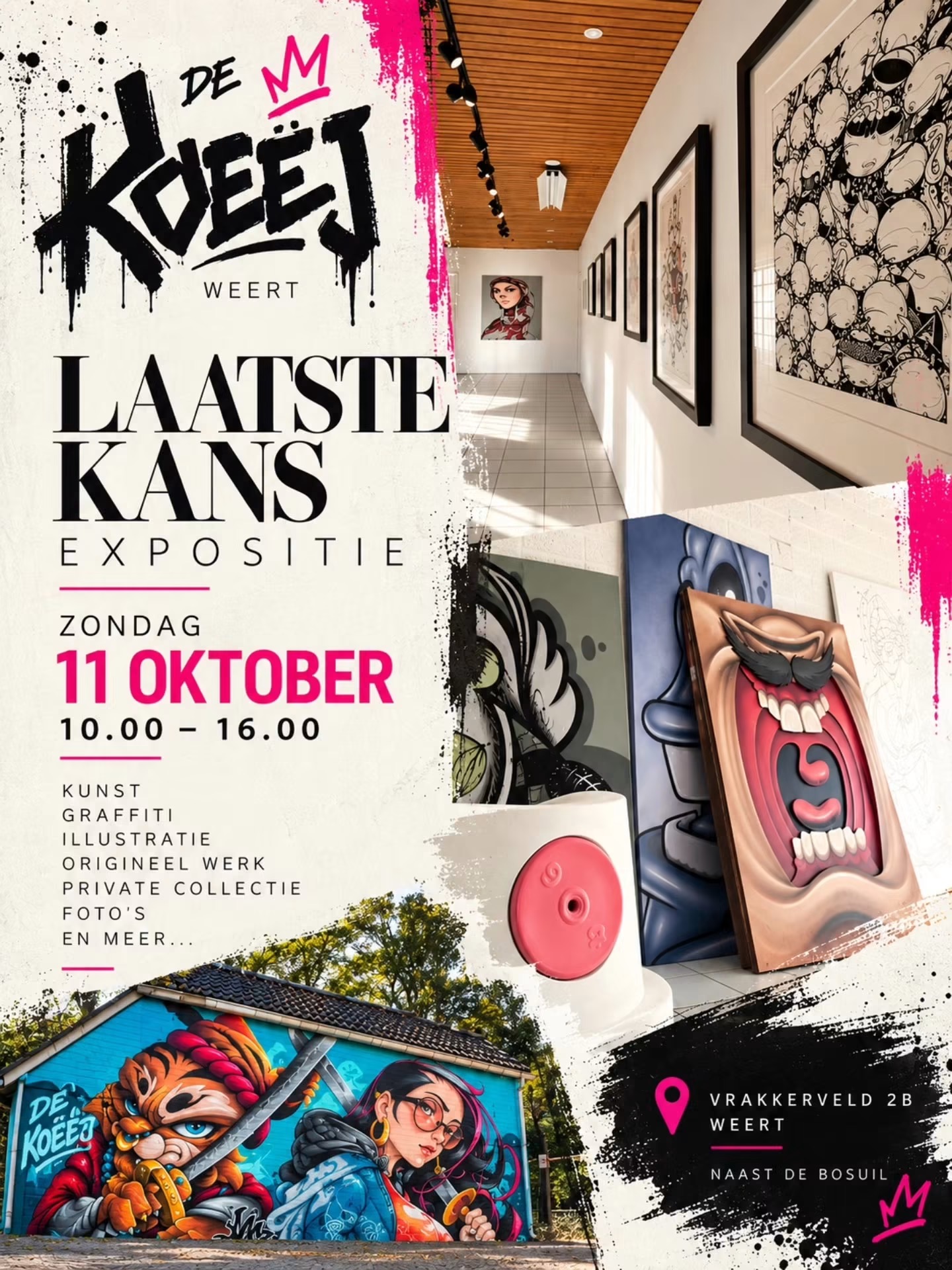 Affiche van de laatste expositie in De Koeëj met kunstwerken en de datum zondag 11 oktober, van 10.00 tot 16.00 uur