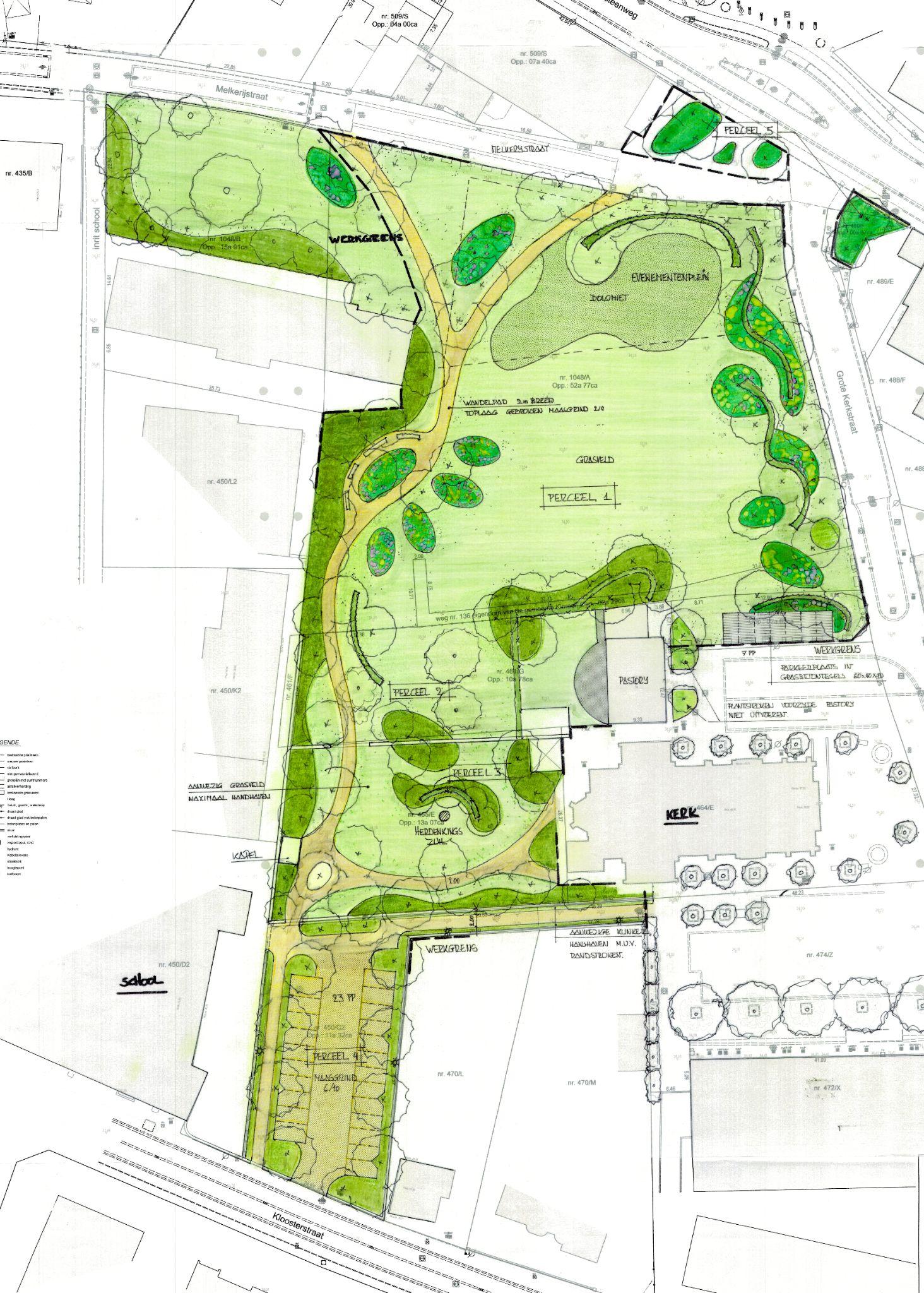 Inrichtingsschets met groen en wandelpaden voor het centrum van Kinrooi.